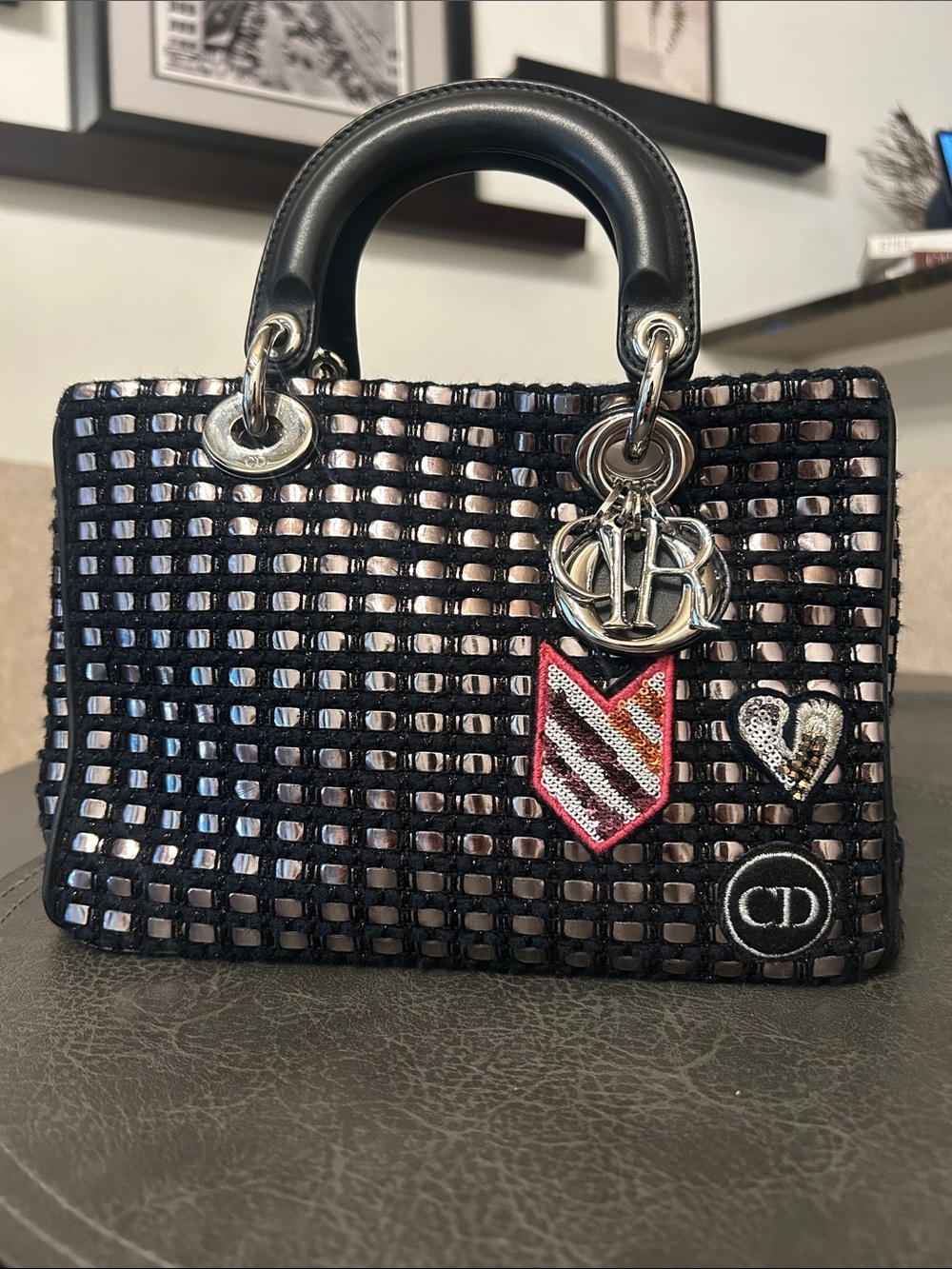 Dior Lady Dior Black Metallic Grid Boucle Mini Top-Handle Bag with Charms